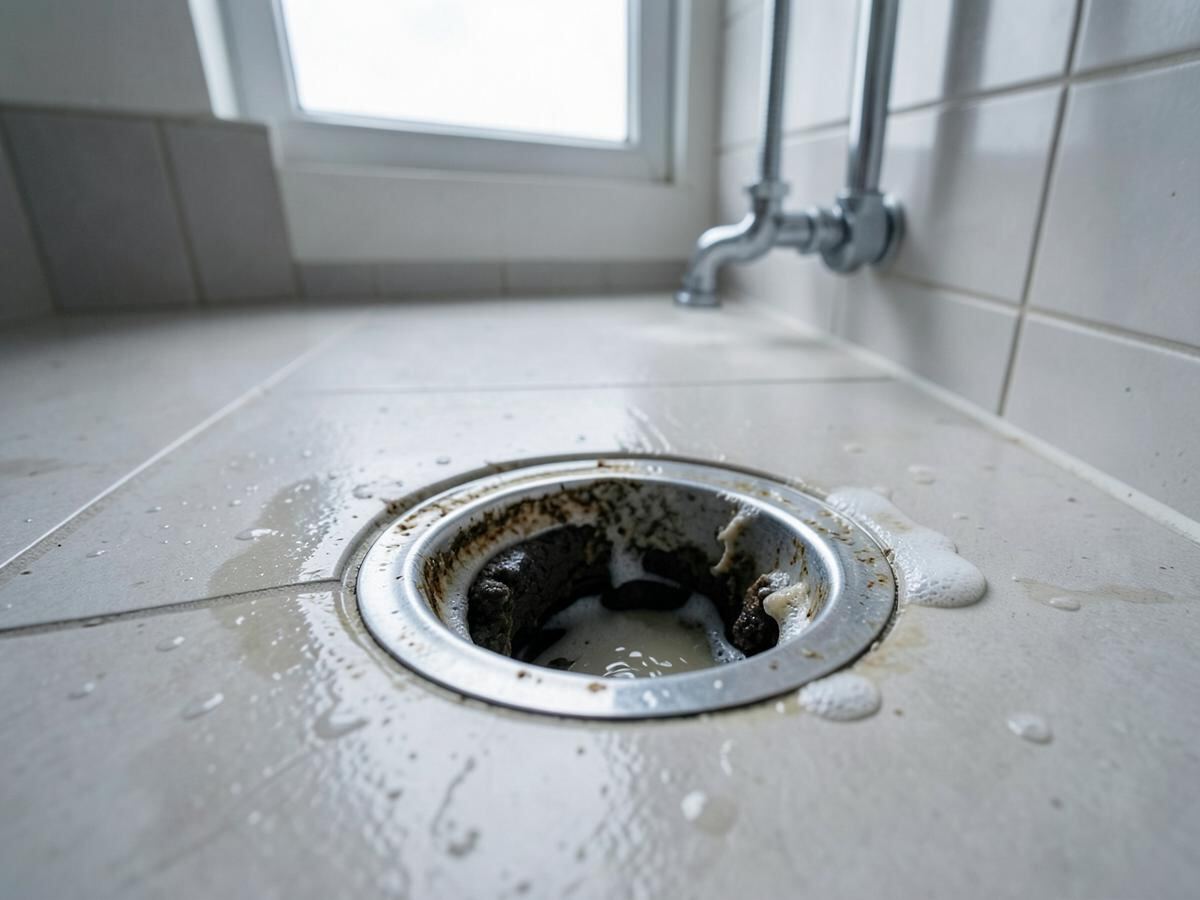 Verstopt doucheafvoer met stilstaand vuil water in een badkamer